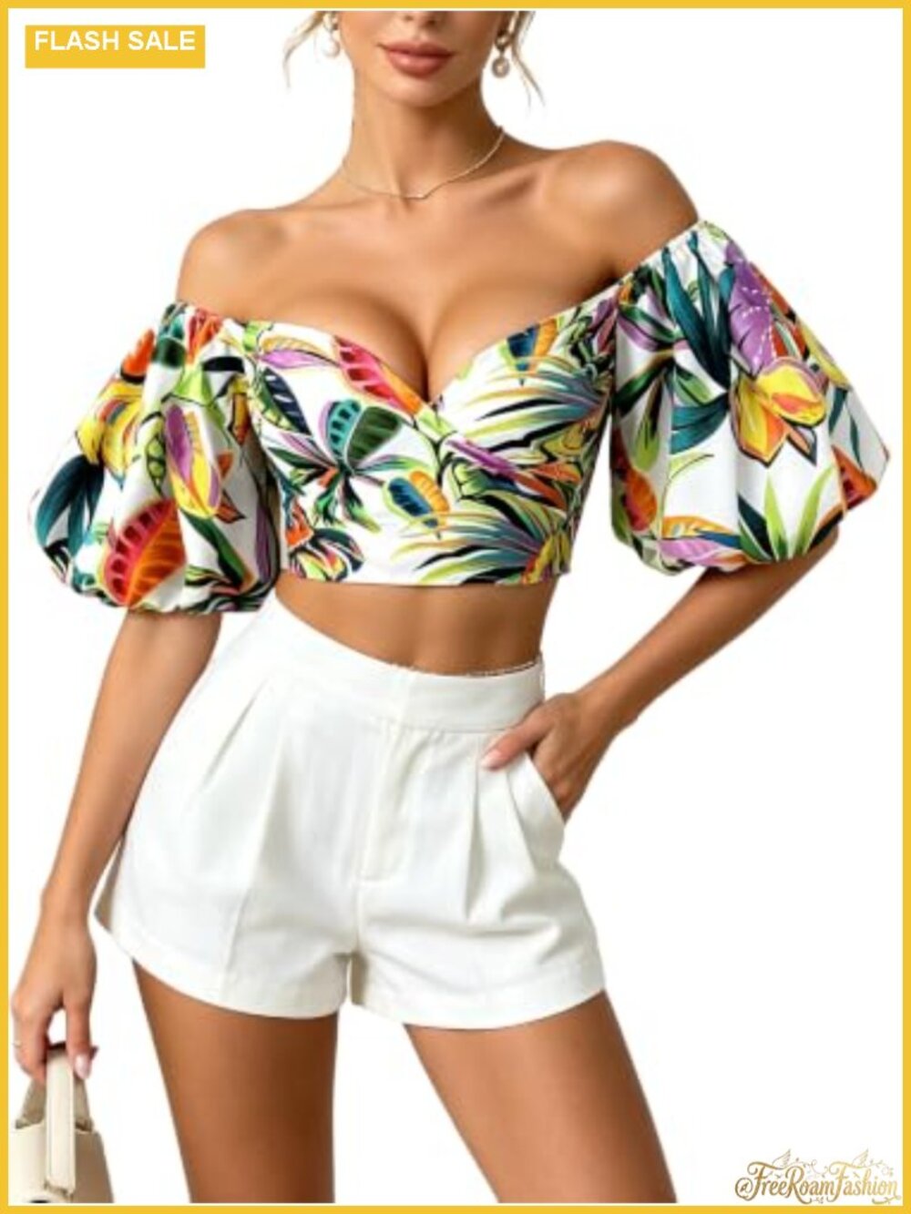 Off Shoulder Crop Top Floral Wrap Puff Sleeve Blouse